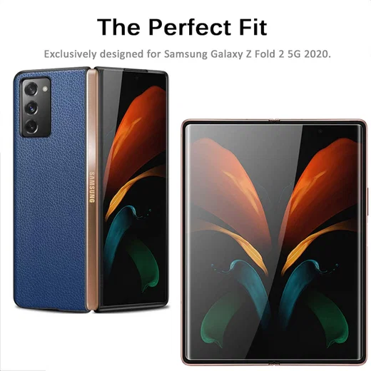 Samsung Galaxy Z Fold 2 Hoesje Litchi Skin Back Cover Blauw afbeelding 2