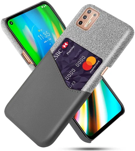 Motorola Moto G9 Plus Kunstleer en Stof Hoesje met Kaarthouder Grijs afbeelding 1