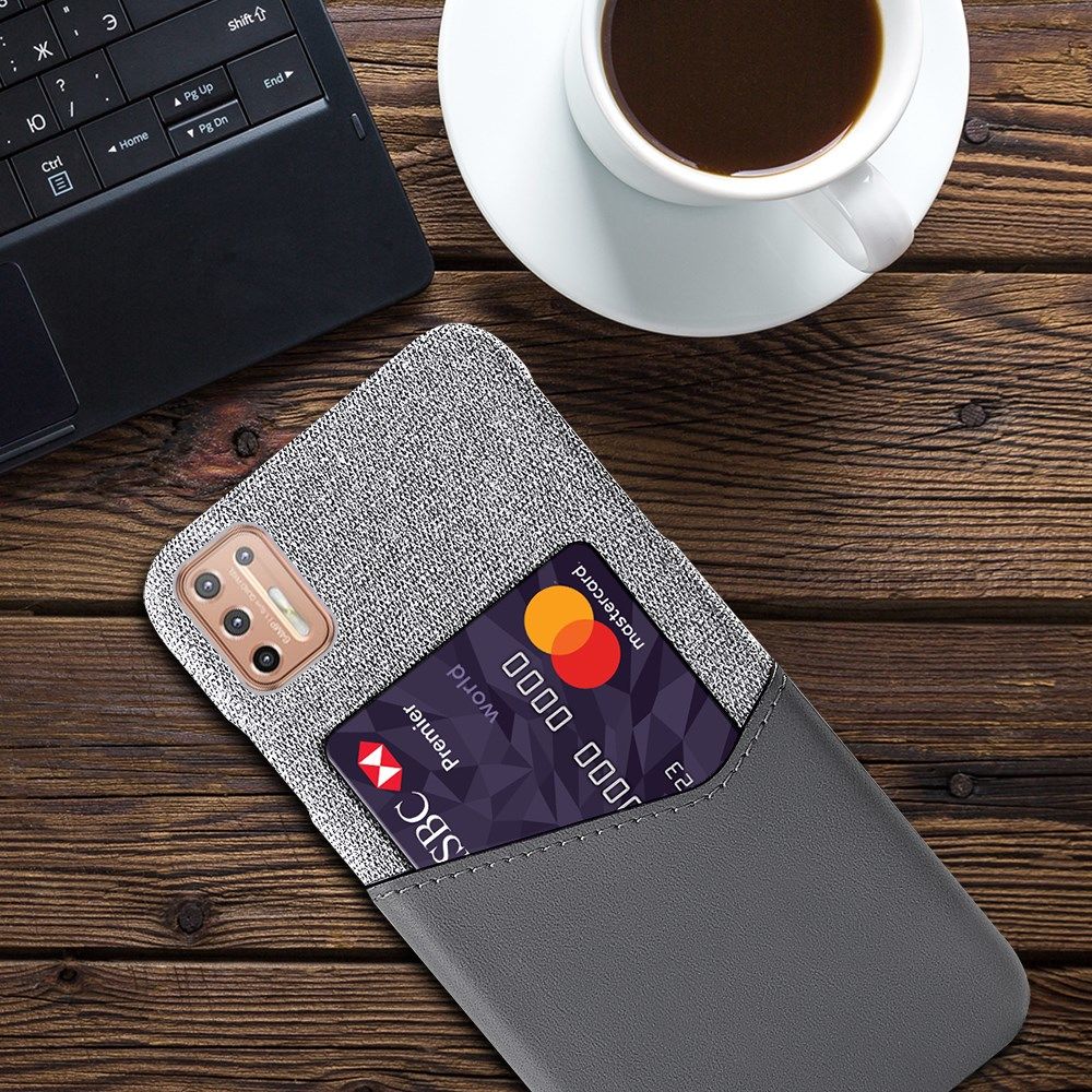 Motorola Moto G9 Plus Kunstleer en Stof Hoesje met Kaarthouder Grijs afbeelding 4