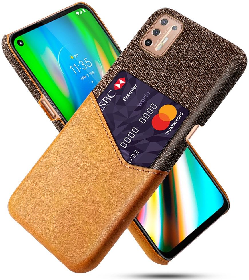 Motorola Moto G9 Plus Kunstleer en Stof Hoesje met Kaarthouder Bruin afbeelding 1