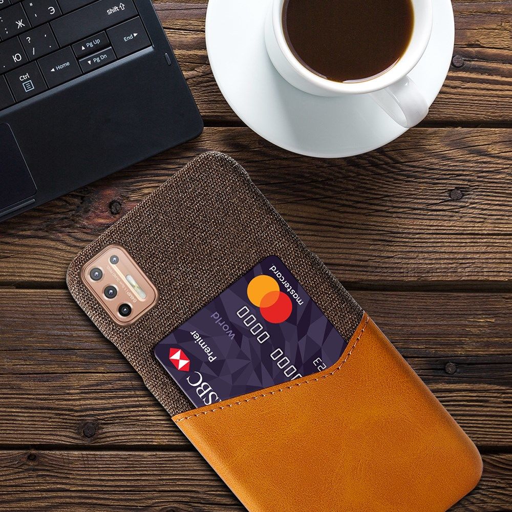 Motorola Moto G9 Plus Kunstleer en Stof Hoesje met Kaarthouder Bruin afbeelding 4