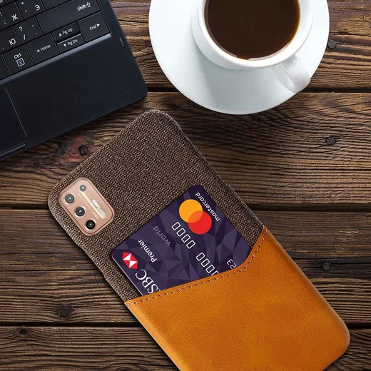 Motorola Moto G9 Plus Kunstleer en Stof Hoesje met Kaarthouder Bruin afbeelding 4