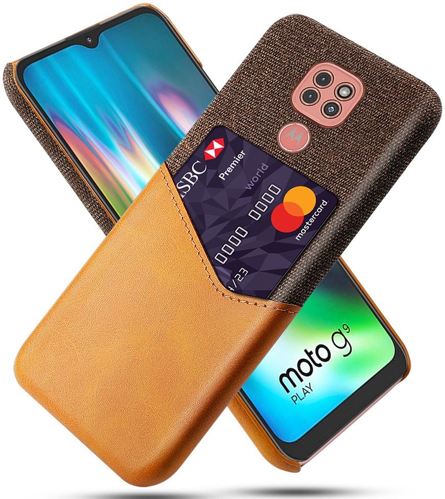 Motorola Moto G9 Play Kunstleer en Stof Hoesje met Kaarthouder Bruin afbeelding 1