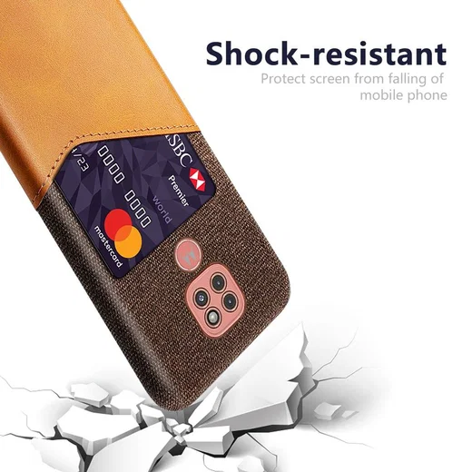 Motorola Moto G9 Play Kunstleer en Stof Hoesje met Kaarthouder Bruin afbeelding 3