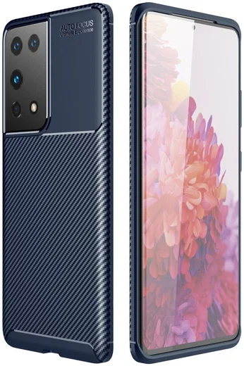 Samsung Galaxy S21 Ultra Hoesje Siliconen Carbon TPU Back Cover Blauw afbeelding 5