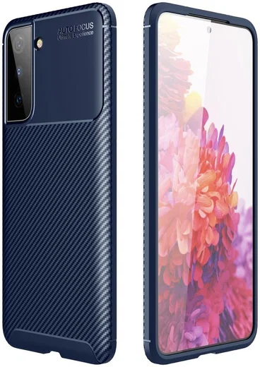 Samsung Galaxy S21 Plus Hoesje Siliconen Carbon TPU Back Cover Blauw afbeelding 5