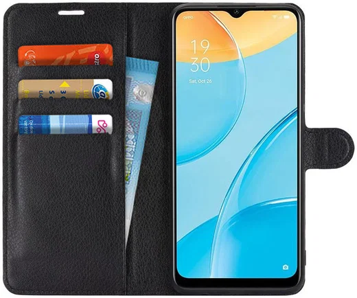 Oppo A15 Litchi Skin Portemonnee Hoesje Book Case Zwart afbeelding 1