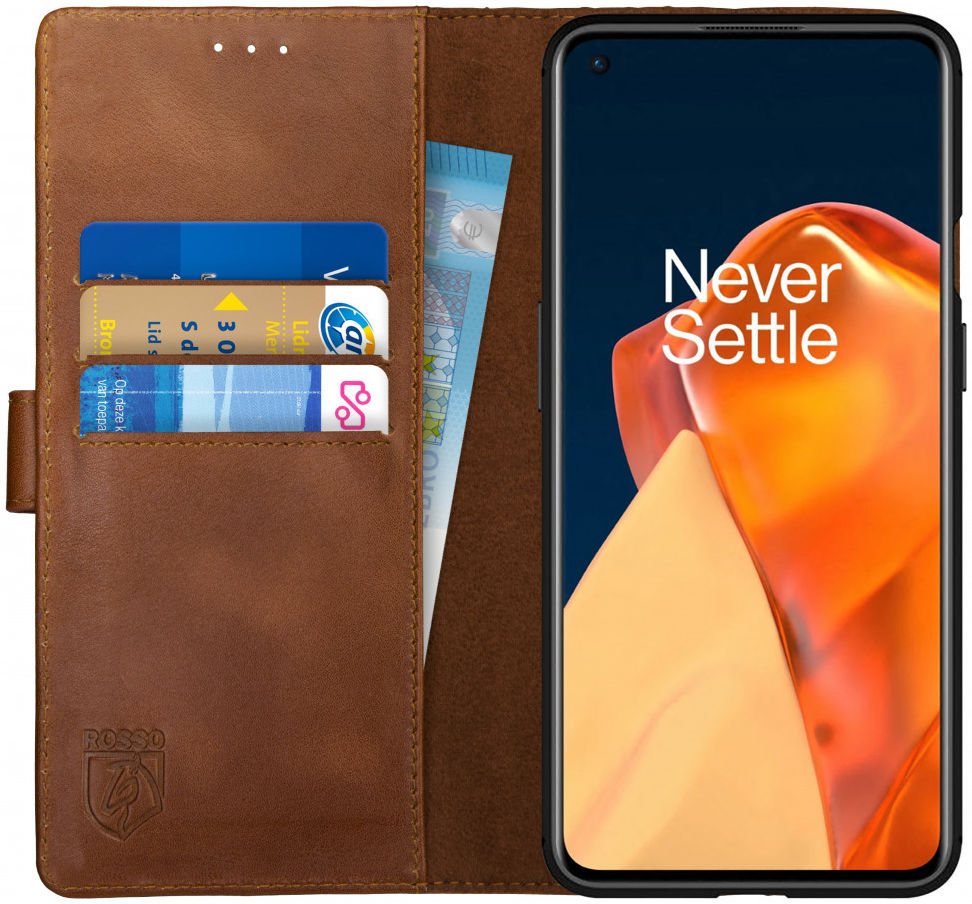 Rosso Deluxe OnePlus 9 Hoesje Echt Leer Book Case Bruin afbeelding 1