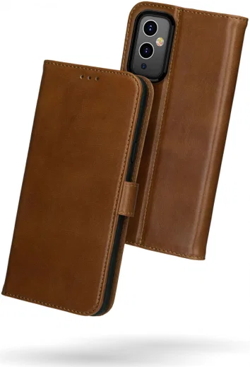 Rosso Deluxe OnePlus 9 Hoesje Echt Leer Book Case Bruin afbeelding 2