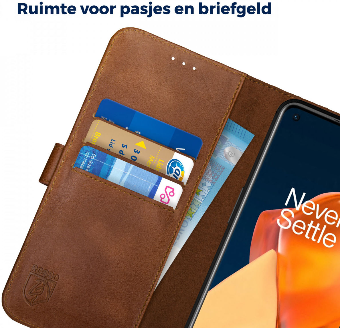 Rosso Deluxe OnePlus 9 Hoesje Echt Leer Book Case Bruin afbeelding 6