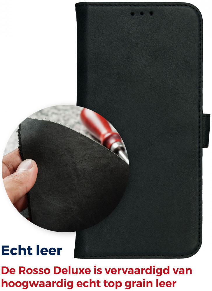 Rosso Deluxe OnePlus 9 Pro Hoesje Echt Leer Book Case Zwart afbeelding 7