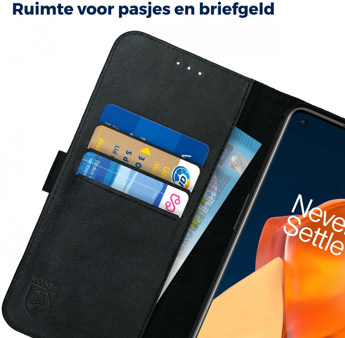 Rosso Deluxe OnePlus 9 Pro Hoesje Echt Leer Book Case Zwart afbeelding 2