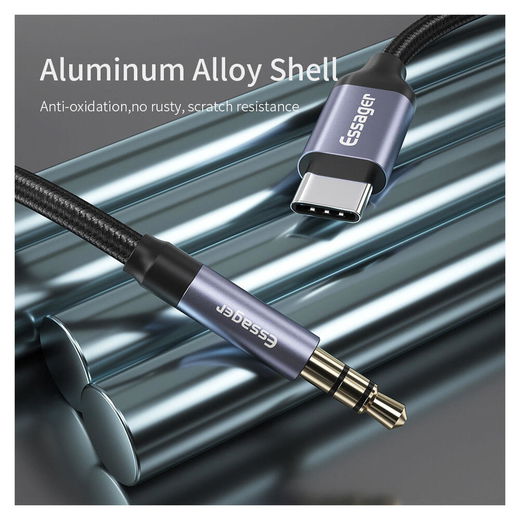 Essager USB-C naar 3.5mm Jack Aux Kabel DAC Connector 1 meter Grijs afbeelding 2