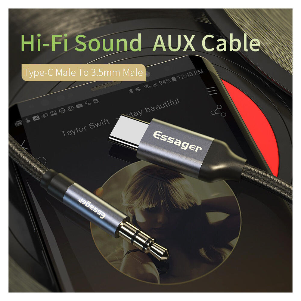 Essager USB-C naar 3.5mm Jack Aux Kabel DAC Connector 1 meter Grijs afbeelding 4