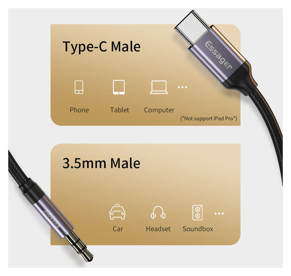 Essager USB-C naar 3.5mm Jack Aux Kabel DAC Connector 1 meter Grijs afbeelding 3