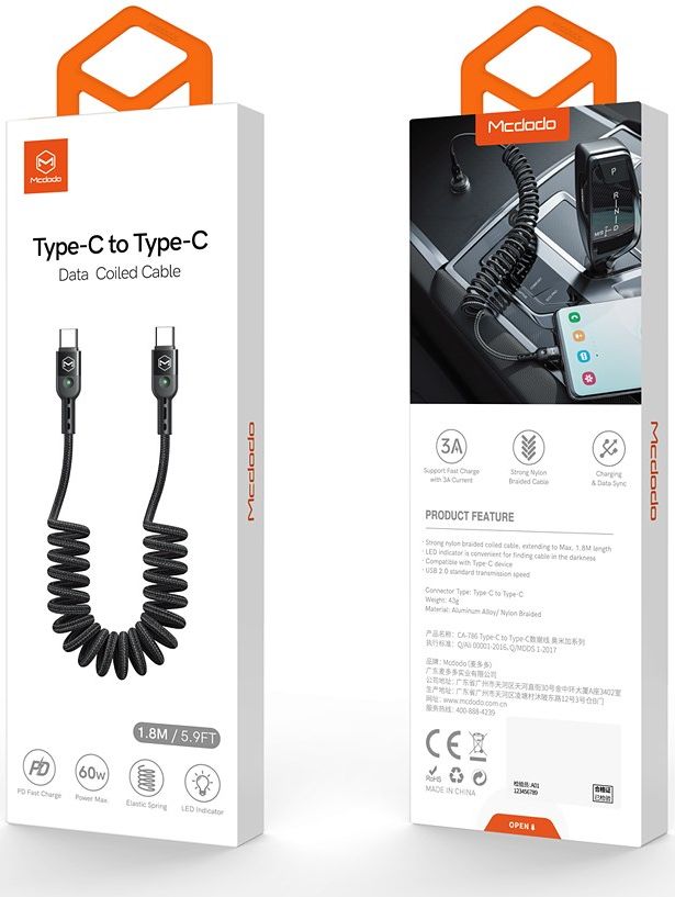 Uitrekbare USB-C naar USB-C Krulsnoer Kabel 60 Watt PD 1.8m Zwart afbeelding 11