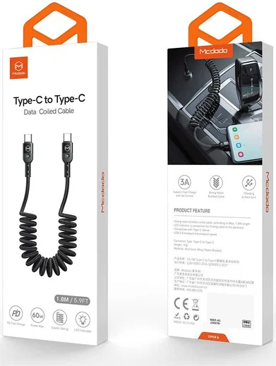 Uitrekbare USB-C naar USB-C Krulsnoer Kabel 60 Watt PD 1.8m Zwart afbeelding 11