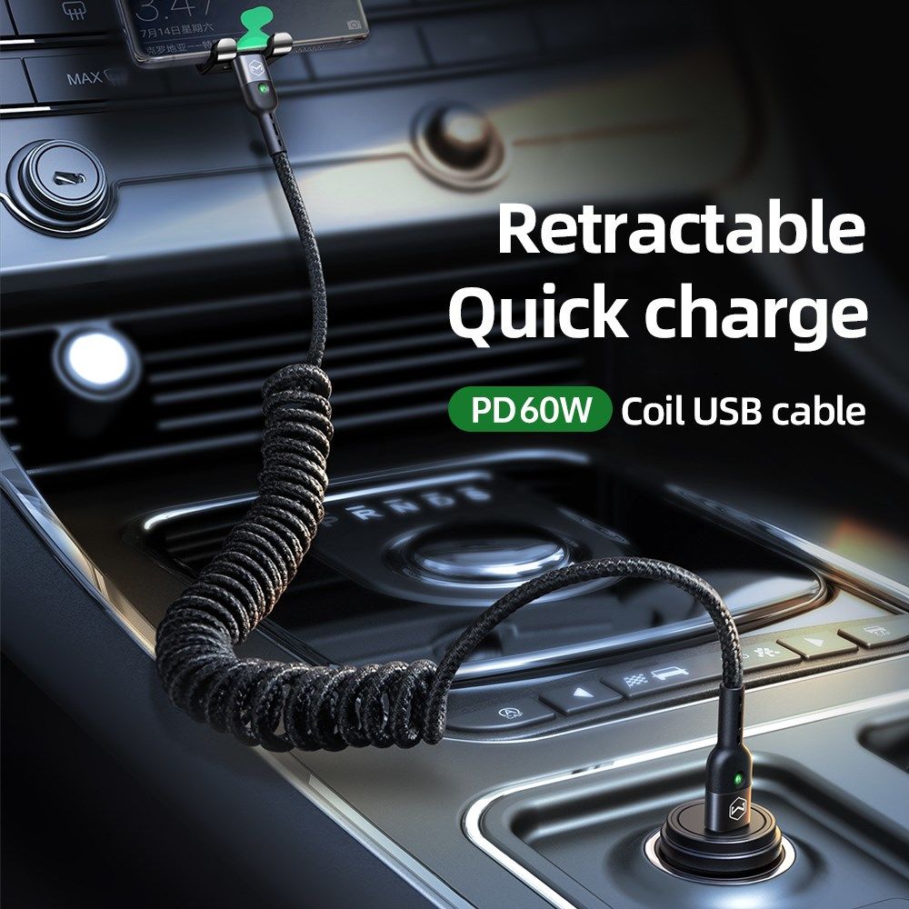 Uitrekbare USB-C naar USB-C Krulsnoer Kabel 60 Watt PD 1.8m Zwart afbeelding 3