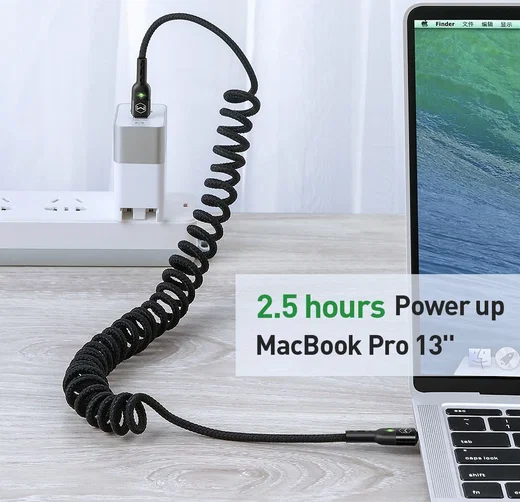 Uitrekbare USB-C naar USB-C Krulsnoer Kabel 60 Watt PD 1.8m Zwart afbeelding 4