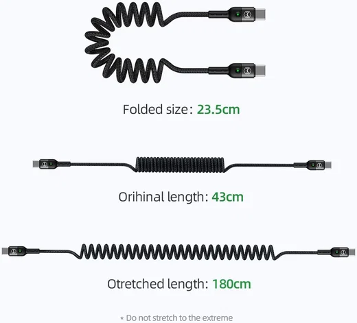 Uitrekbare USB-C naar USB-C Krulsnoer Kabel 60 Watt PD 1.8m Zwart afbeelding 7