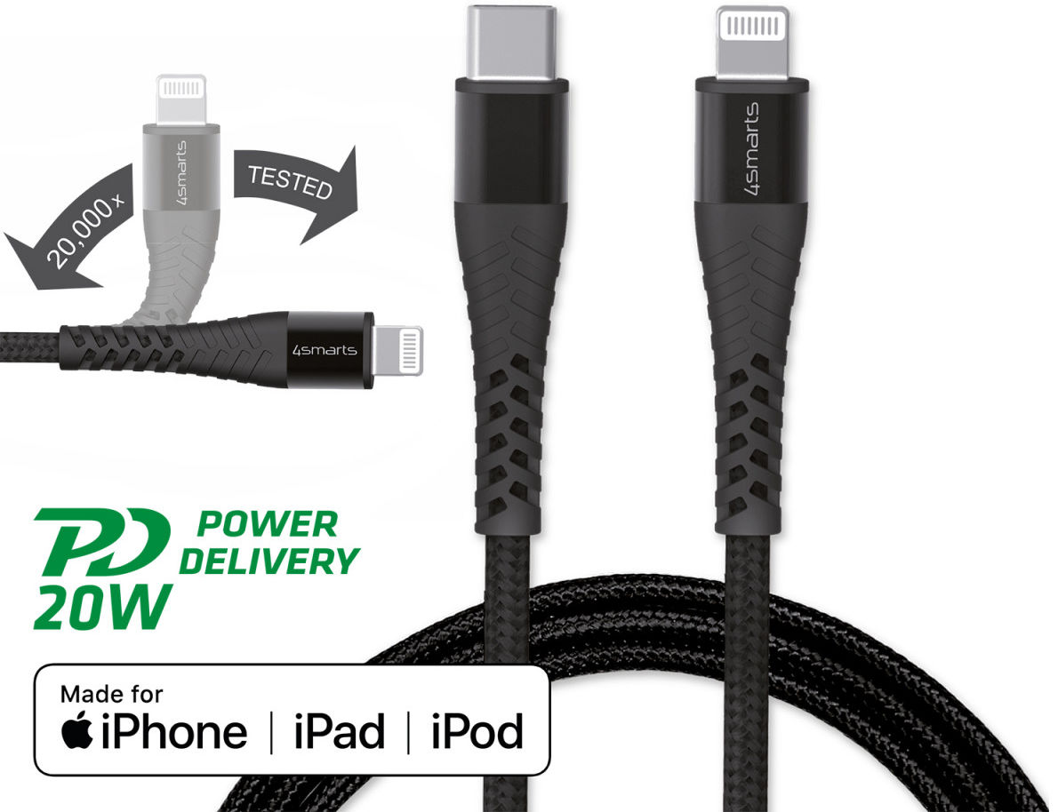 4smarts 20W USB-C naar Apple Lightning Kabel 3 Meter 3A Zwart/Grijs afbeelding 2