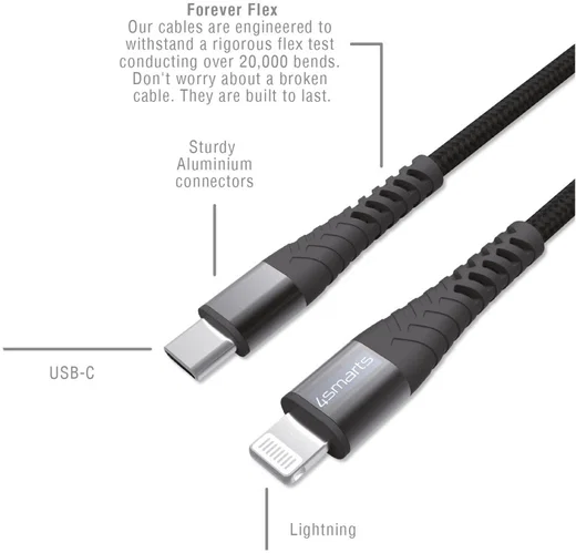 4smarts 20W USB-C naar Apple Lightning Kabel 3 Meter 3A Zwart/Grijs afbeelding 6