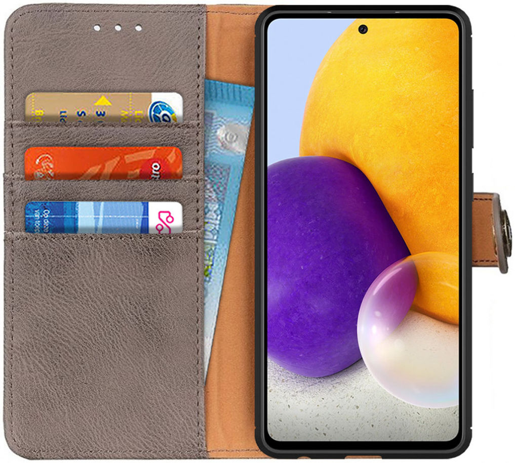 Samsung Galaxy A72 Hoesje Portemonnee met Drukknoop Sluiting Khaki afbeelding 1