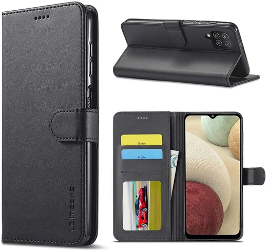 LC.IMEEKE Samsung Galaxy A12 Hoesje Book Case Kunst Leer Zwart afbeelding 5