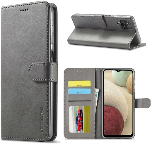 LC.IMEEKE Samsung Galaxy A12 Hoesje Book Case Kunst Leer Grijs afbeelding 6
