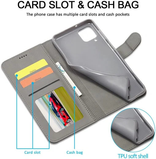 LC.IMEEKE Samsung Galaxy A12 Hoesje Book Case Kunst Leer Grijs afbeelding 11