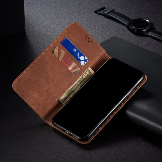 Xiaomi Redmi 9T Hoesje Portemonnee Stof Textuur Book Case Bruin afbeelding 4