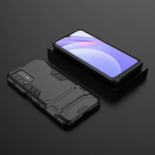 Xiaomi Redmi 9T Hoesje Hybride Back Cover met Kickstand Zwart afbeelding 4