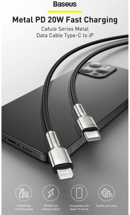Baseus Cafule Series USB-C naar Apple Lightning Kabel 20W 25cm Zwart afbeelding 3