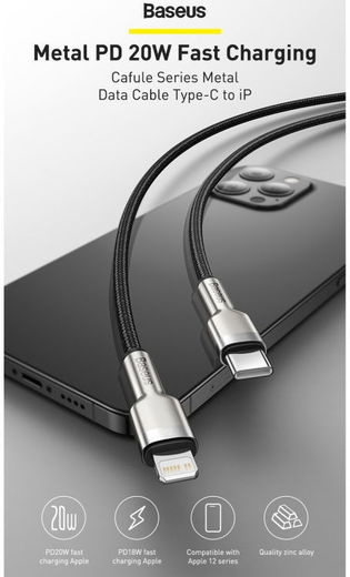 Baseus Cafule Series USB-C naar Apple Lightning Kabel PD 20W 1m Zwart afbeelding 3