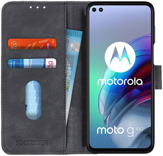 KHAZNEH Motorola Moto G100 Hoesje Retro Wallet Book Case Grijs afbeelding 1