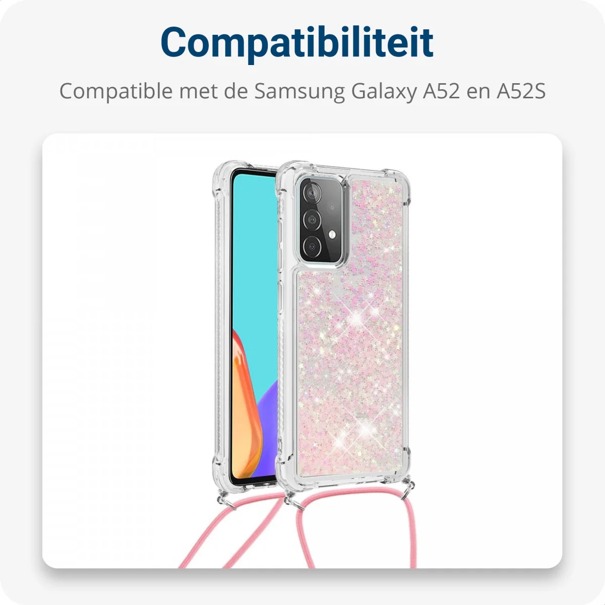 Samsung Galaxy A52 / A52S Hoesje met Koord Shockproof TPU Glitter Roze afbeelding 4