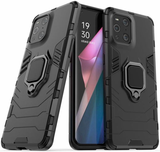 Oppo Find X3 Pro Hoesje Shock Proof Back Cover met Kickstand Zwart afbeelding 1