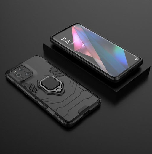 Oppo Find X3 Pro Hoesje Shock Proof Back Cover met Kickstand Zwart afbeelding 5