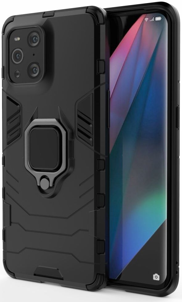 Oppo Find X3 Pro Hoesje Shock Proof Back Cover met Kickstand Zwart afbeelding 3