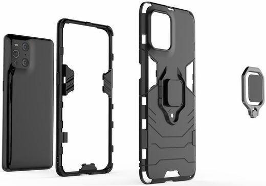 Oppo Find X3 Pro Hoesje Shock Proof Back Cover met Kickstand Zwart afbeelding 4