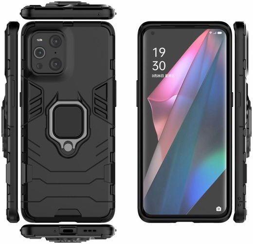 Oppo Find X3 Pro Hoesje Shock Proof Back Cover met Kickstand Zwart afbeelding 9