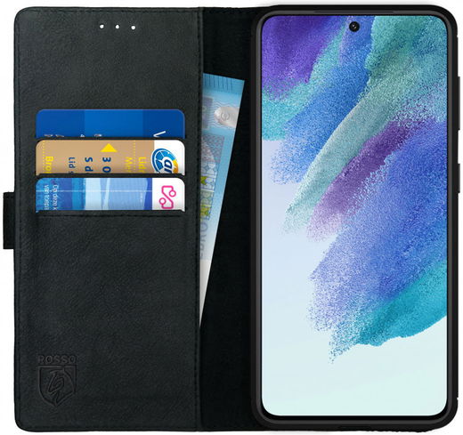 Rosso Deluxe Samsung Galaxy S21 FE Hoesje Echt Leer Book Case Zwart afbeelding 1
