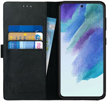 Rosso Deluxe Samsung Galaxy S21 FE Hoesje Echt Leer Book Case Zwart