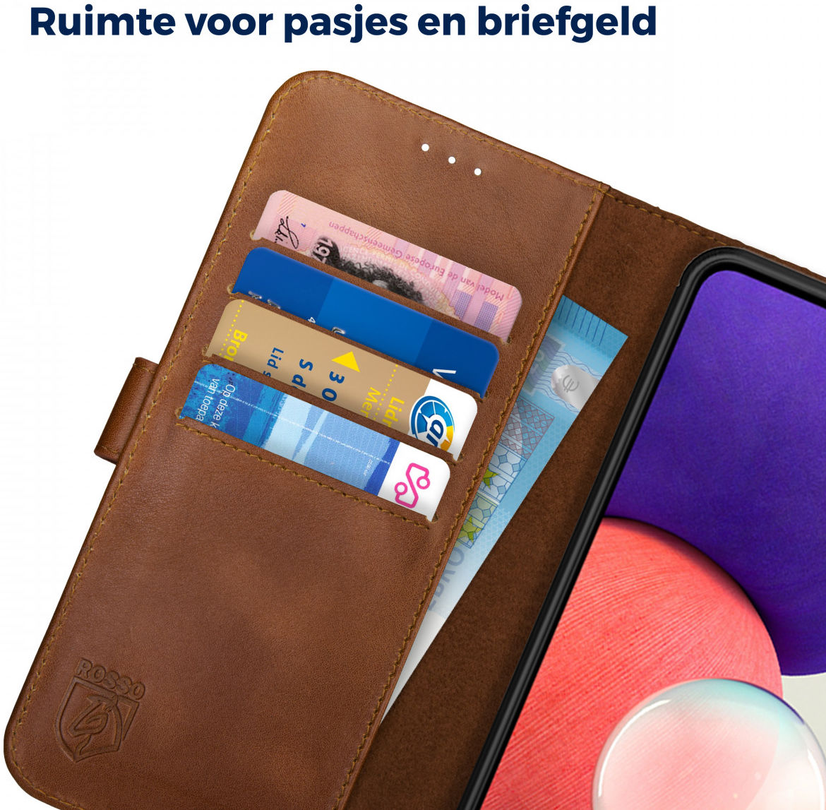 Rosso Deluxe Samsung Galaxy A22 5G Hoesje Echt Leer Book Case Bruin afbeelding 6