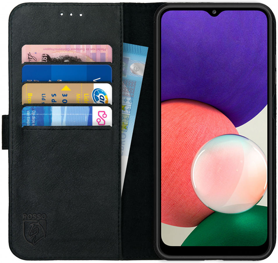 Rosso Deluxe Samsung Galaxy A22 5G Hoesje Echt Leer Book Case Zwart afbeelding 1