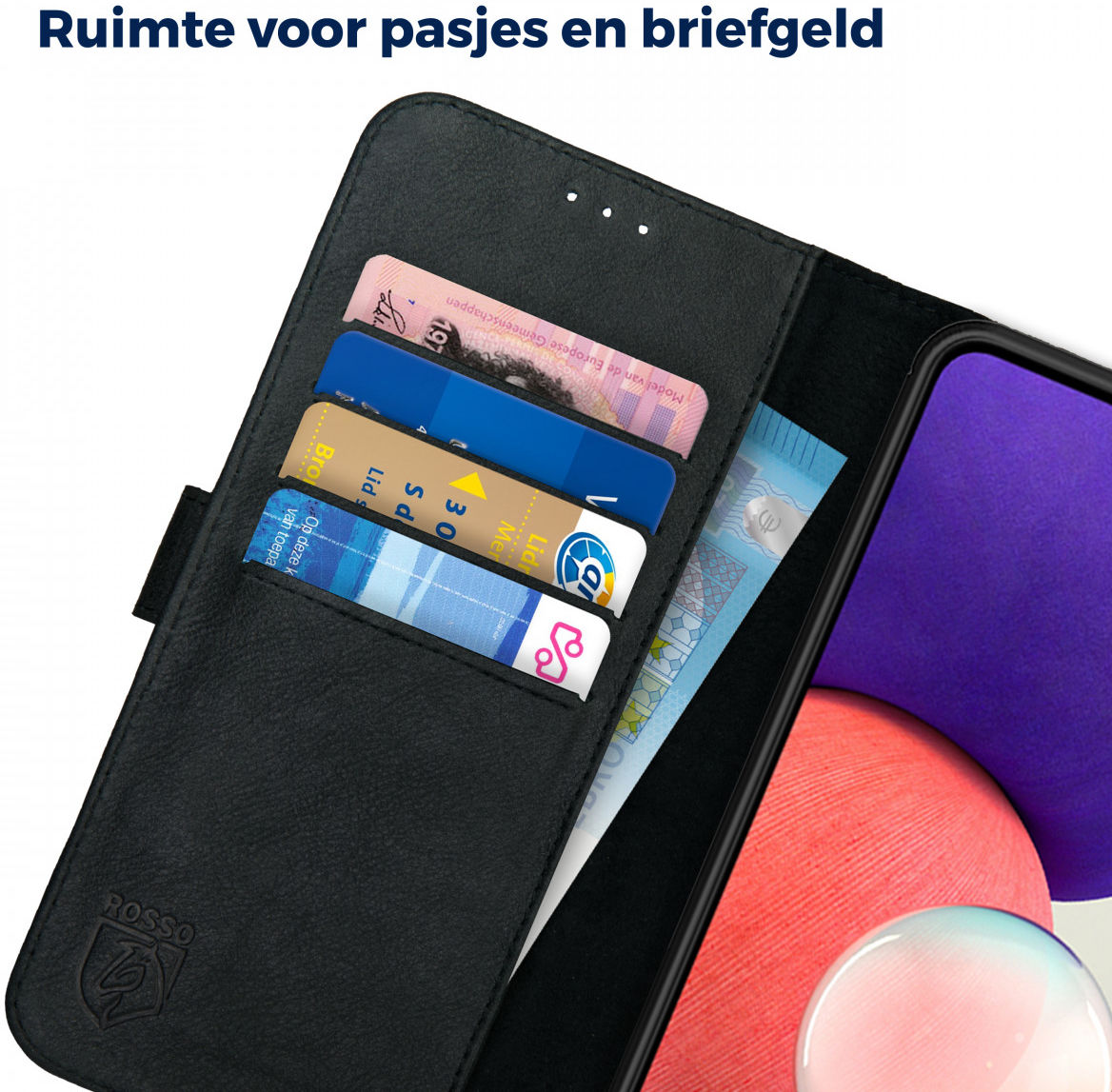 Rosso Deluxe Samsung Galaxy A22 5G Hoesje Echt Leer Book Case Zwart afbeelding 6