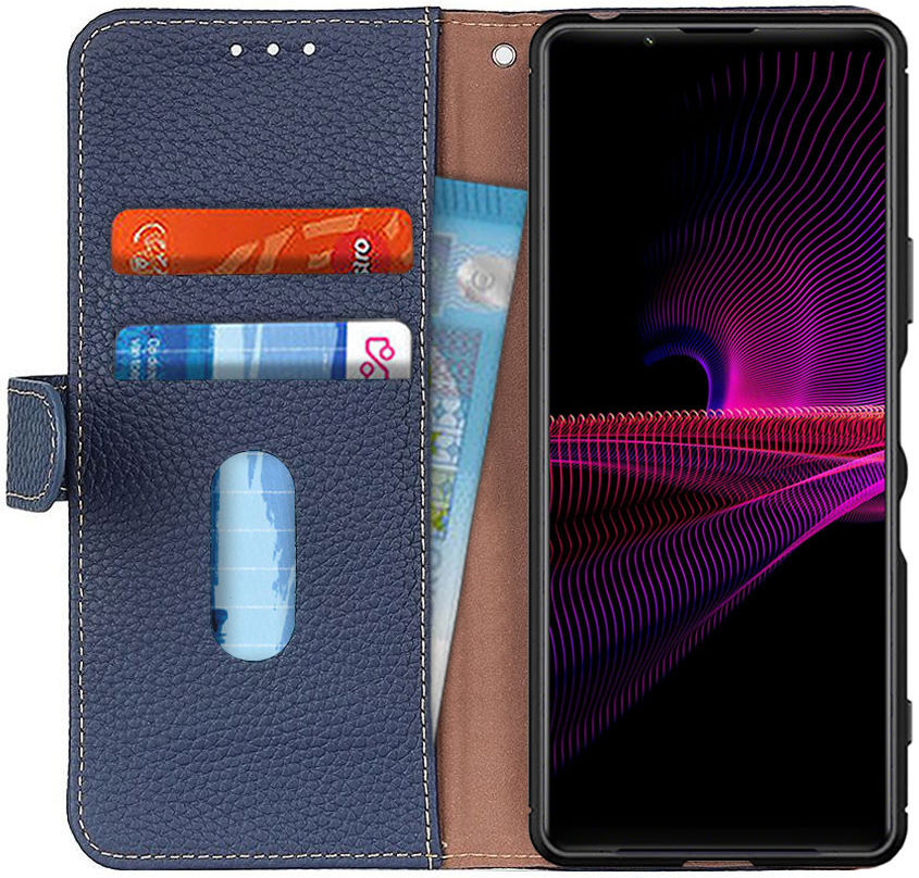 KHAZNEH Sony Xperia 1 III Hoesje Wallet Book Case Echt Leer Blauw afbeelding 1