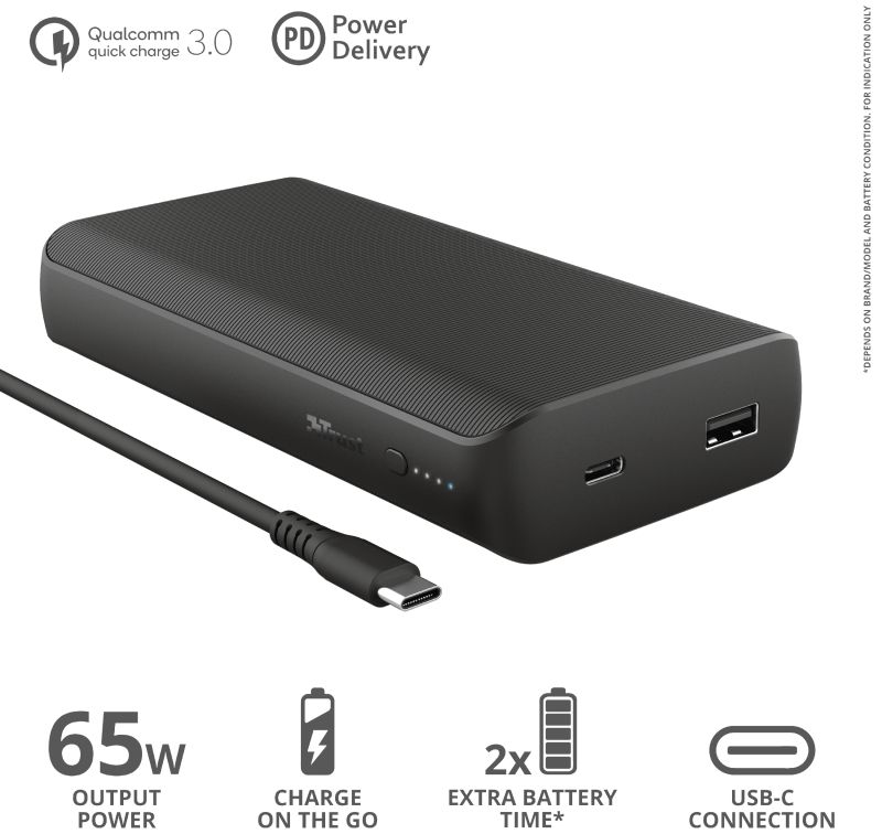 Trust Laro 65W Laptop/MacBook Powerbank 20.000 mAh USB/USB-C PD Zwart afbeelding 8