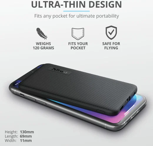 Trust Primo Ultra Dunne Mini Powerbank USB/USB-C 5.000 mAh Zwart afbeelding 6
