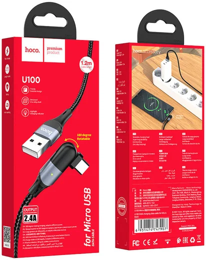 Hoco U100 USB-A naar Micro USB Haakse Draaibare Kabel 1.2 Meter Zwart afbeelding 7